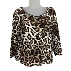 Rafaella Blouse Sz XLP Brown Black Leopard Print Chain Cutout 3/4 Sleeve Top